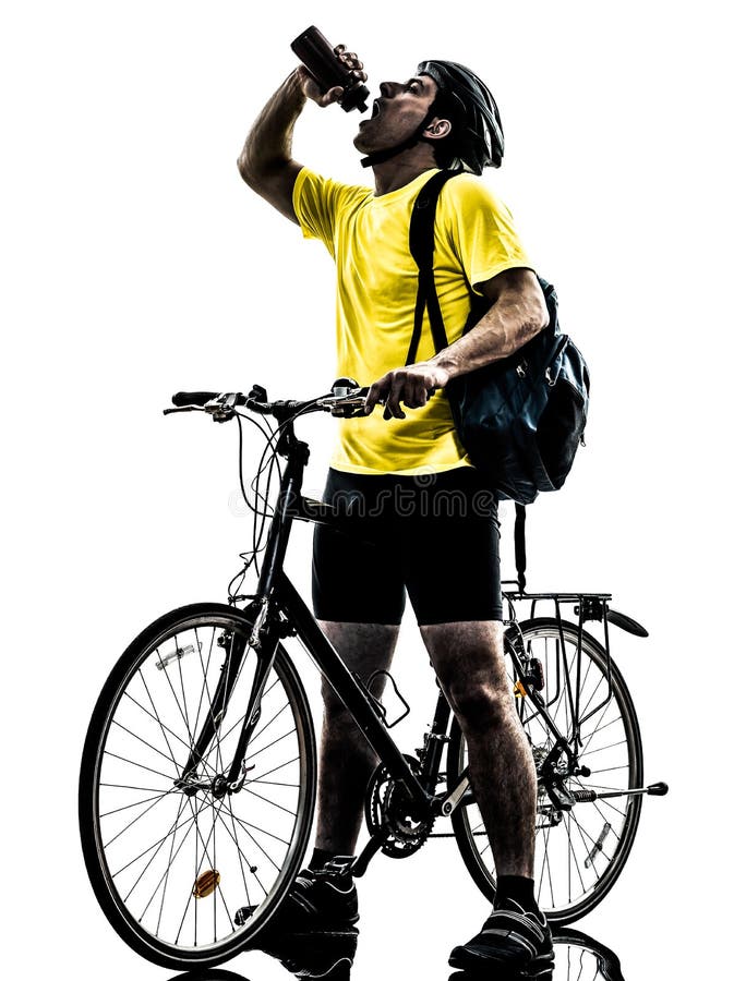 One caucasian man exercising bicycle mountain bike drinking on white background. One caucasian man exercising bicycle mountain bike drinking on white background