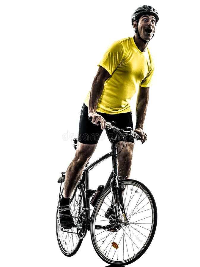 One caucasian man exercising bicycle mountain bike happy joy on white background. One caucasian man exercising bicycle mountain bike happy joy on white background