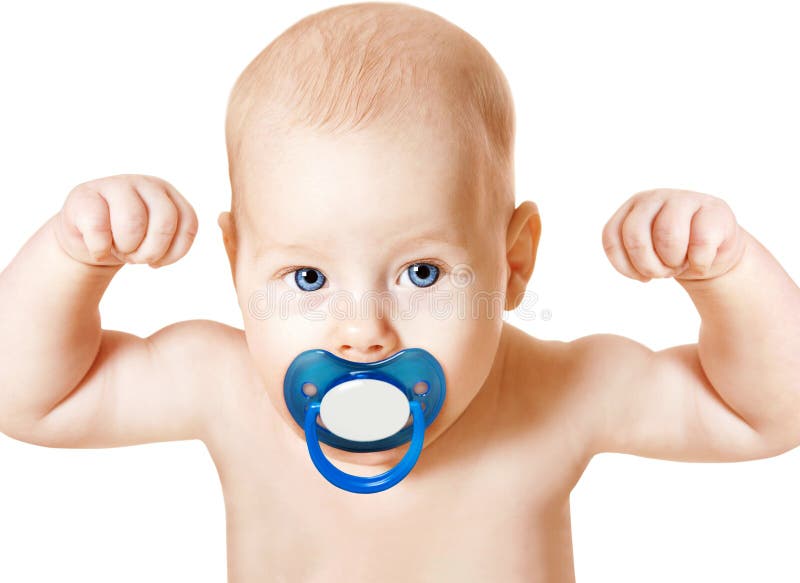 Сильный младенец при Pacifier поднимая вверх оружия, ребенк спорта, белый стоковые изображения Сильный младенец при Pacifier поднимая вверх оружия, ребенк спорта, белый стоковые изображения