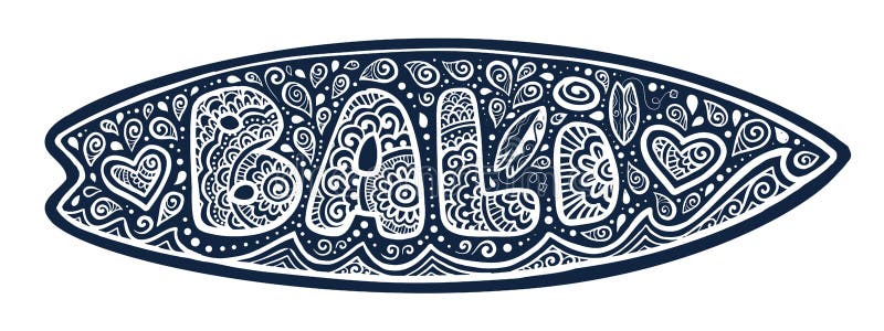 Силуэт surfboard вектора с знаком Бали стиля doodle, волнами и богато украшенными падениями бесплатная иллюстрация Силуэт surfboard вектора с знаком Бали стиля doodle, волнами и богато украшенными падениями бесплатная иллюстрация