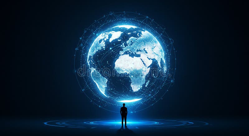 Силуэт человека стоит на круглой освещенной платформе, глядя на иллюстрация вектора