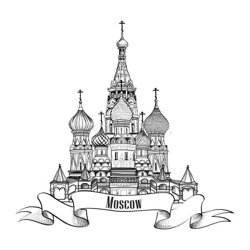 Moscow City label. St Basils Cathedral, Red Square, Kremlin, Moscow, Russia. Travel icon vector hand drawn sketch illustration. Moscow City label. St Basils Cathedral, Red Square, Kremlin, Moscow, Russia. Travel icon vector hand drawn sketch illustration.