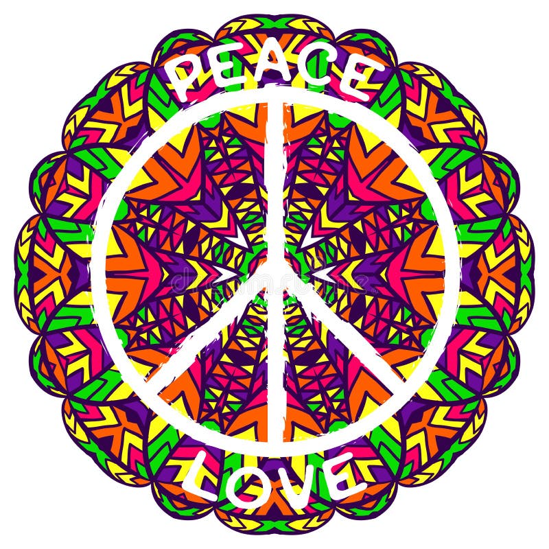 Символ мира Hippie Мир и влюбленность на богато украшенной красочной предпосылке мандалы иллюстрация вектора
