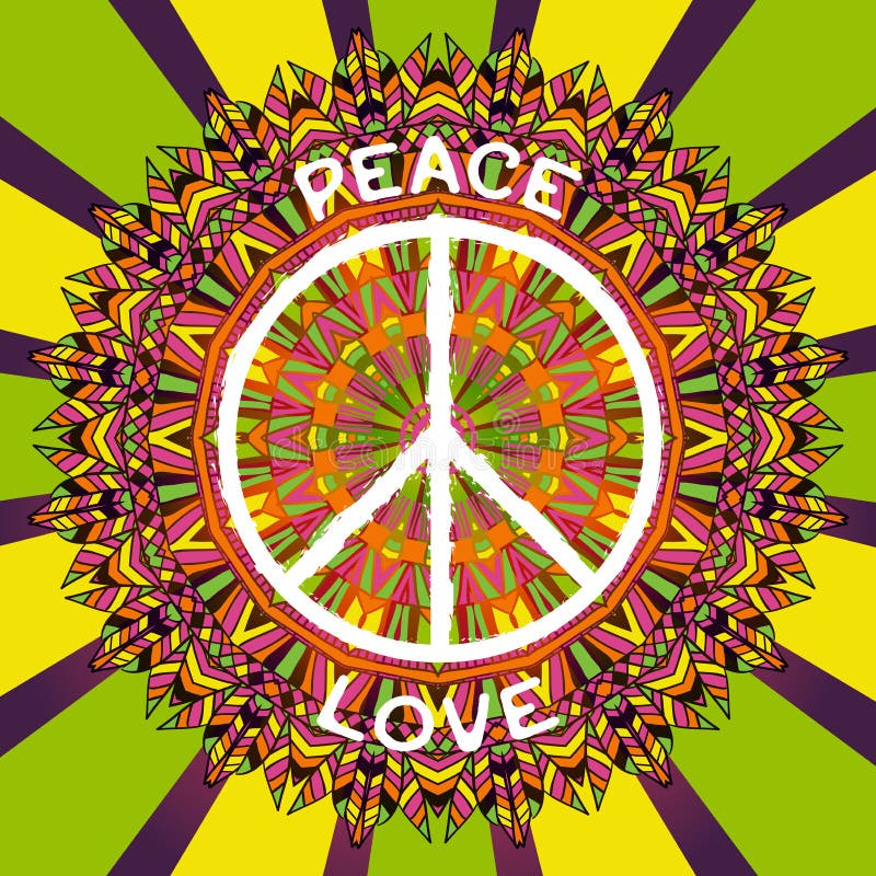Символ мира Hippie Мир и влюбленность подписывают на богато украшенной красочной предпосылке мандалы иллюстрация штока