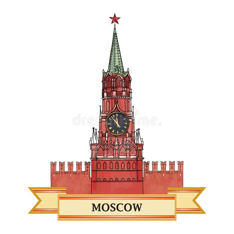 Moscow city symbol. Spasskaya tower, Red Square, Kremlin, Moscow, Russia. Travel icon sketch vector illustration. Moscow city symbol. Spasskaya tower, Red Square, Kremlin, Moscow, Russia. Travel icon sketch vector illustration.