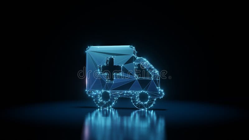 Символ wireframe перевода 3d неон светящиеся машины скорой помощи на черном фоне с отражением иллюстрация штока