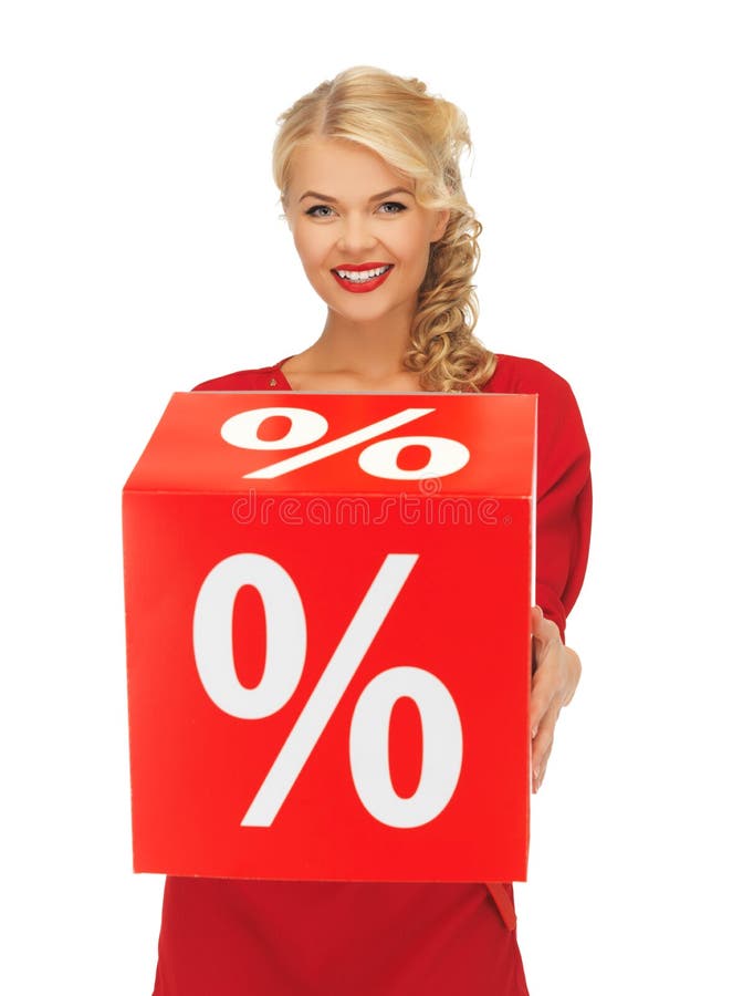 Picture of lovely woman in red dress with percent sign. Picture of lovely woman in red dress with percent sign