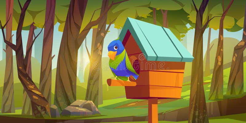 Cute bird sitting on wooden perch of birdhouse with blue slope roof on summer forest or park background. Home, feeder or nest with hole entrance. Crafts, nature protection, Cartoon vector illustration. Cute bird sitting on wooden perch of birdhouse with blue slope roof on summer forest or park background. Home, feeder or nest with hole entrance. Crafts, nature protection, Cartoon vector illustration
