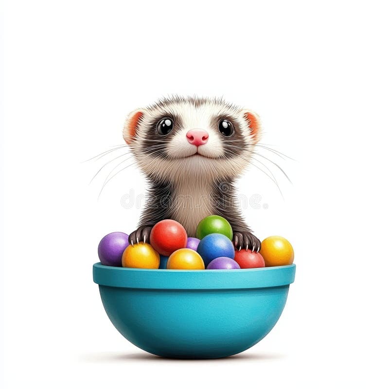 Симпатичный Феррет, сидящий в разноцветной мяч Bowl Adorable животных портрет для фондовой фотографии иллюстрация штока