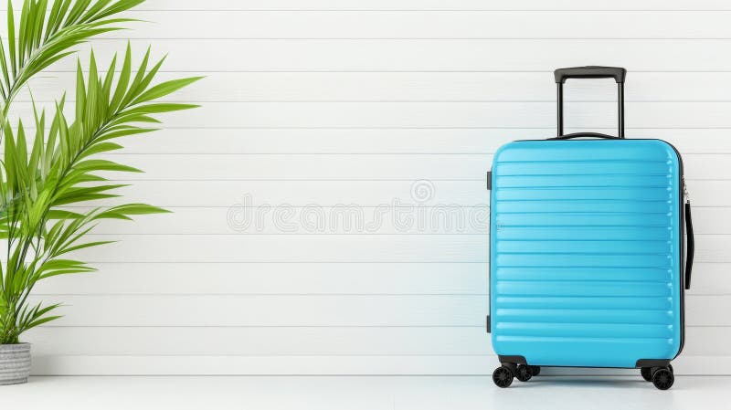 Синий чемодан от пальмового растения к белой стене в минималистском номере иллюстрация вектора