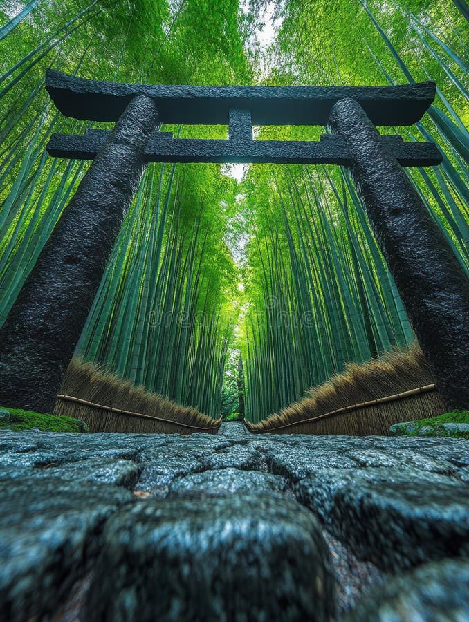 Сирене Бамбук лесной тропинки Древние Torii врата Япония Природа Сцена Tranquil Зеленая пышная вибрация дзен бесплатная иллюстрация