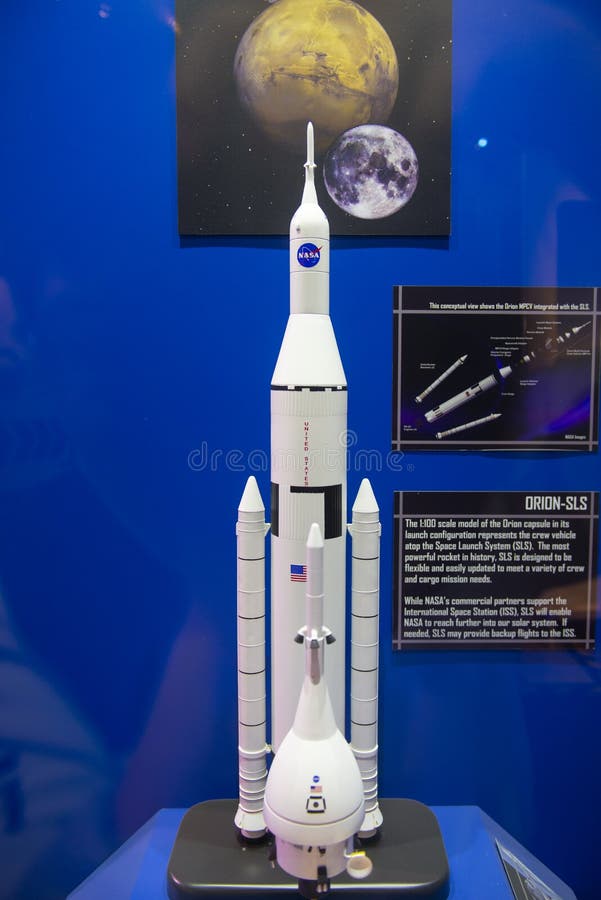 Space Launch System SLS 1:1000 model and Orion spacecraft displayed in Johnson Space Center in city of Houston, Texas TX, USA. Space Launch System SLS 1:1000 model and Orion spacecraft displayed in Johnson Space Center in city of Houston, Texas TX, USA.