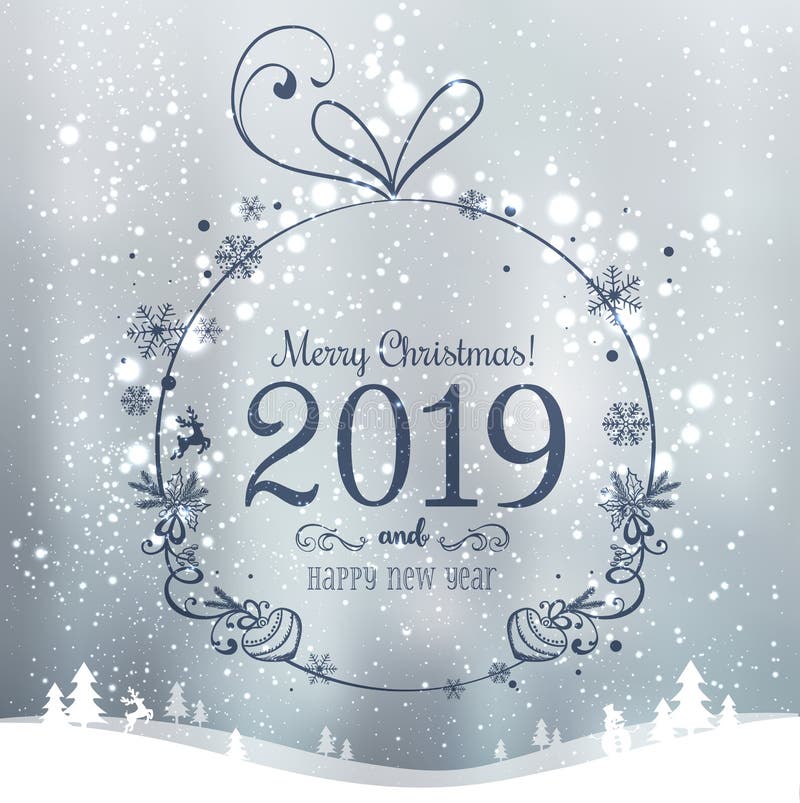 Сияющий шарик Xmas на веселое рождество 2019 и Новый Год на предпосылке праздников с ландшафтом со снежинками, светом зимы, звезд иллюстрация вектора Сияющий шарик Xmas на веселое рождество 2019 и Новый Год на предпосылке праздников с ландшафтом со снежинками, светом зимы, звезд иллюстрация вектора