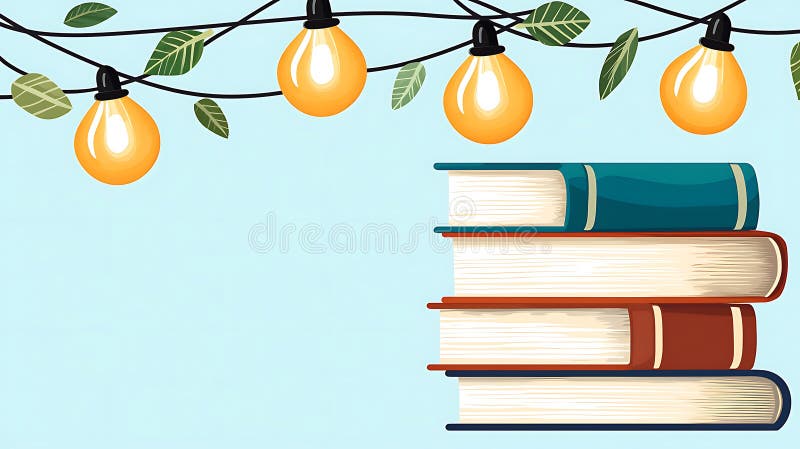 Скет книг со светящимися струнными огнями и зелеными листьями на голубом фоне уютная и уютная атмосфера бесплатная иллюстрация