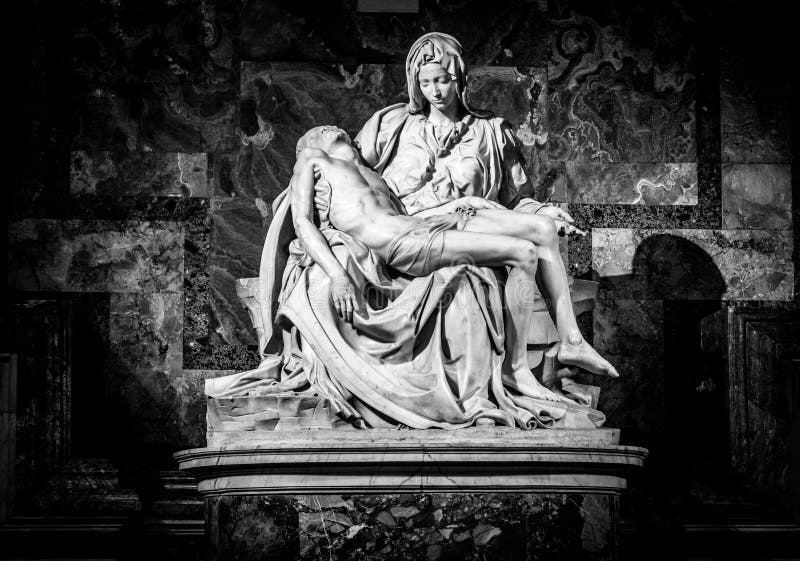 Vatican, Italy - December 9, 2018: La Pieta `The Pity` 1499 Renaissance sculpture by Michelangelo Buonarroti, inside St. Peter`s Basilica in black and white with vignetting effect, spotlight effect. Vatican, Italy - December 9, 2018: La Pieta `The Pity` 1499 Renaissance sculpture by Michelangelo Buonarroti, inside St. Peter`s Basilica in black and white with vignetting effect, spotlight effect