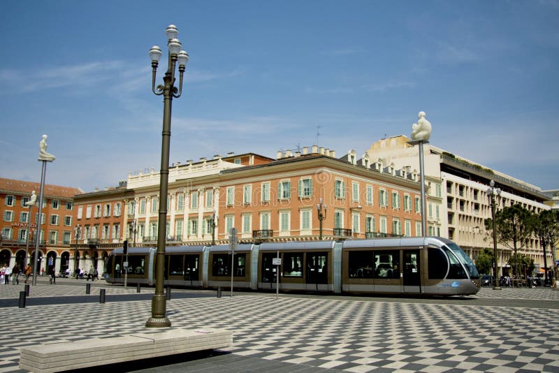 France, Cote d'Azur, Nice: tram in Massena square. France, Cote d'Azur, Nice: tram in Massena square