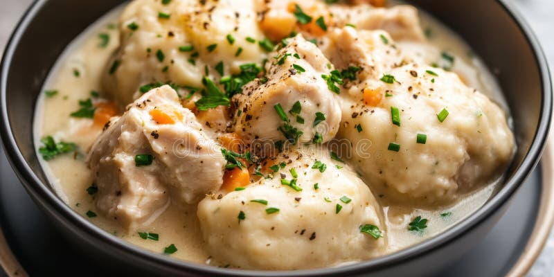 Сливочная курица и пельмени с травами и овощами в черной миске бесплатная иллюстрация