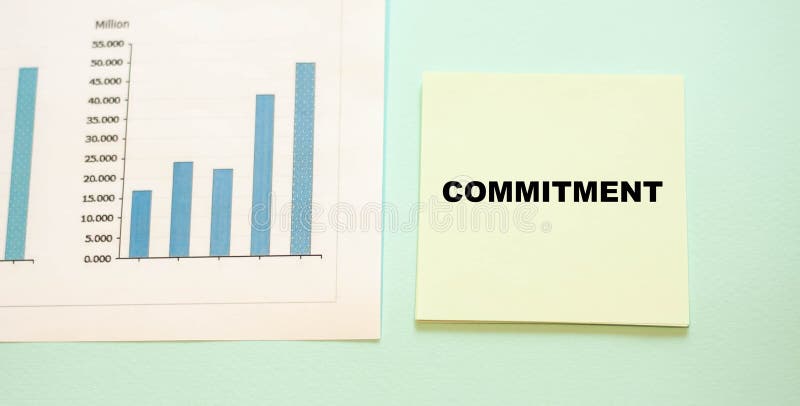 COMMITMENT word on paper on a growing chart background. A promise to lenders, businesses and families. COMMITMENT word on paper on a growing chart background. A promise to lenders, businesses and families.