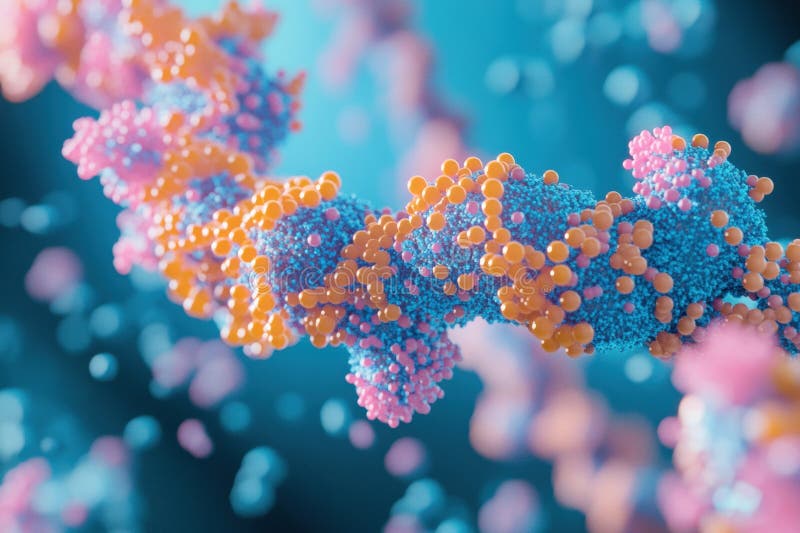 сложная молекулярная цепочка rna с окружающими вирусами на научной иллюстрации, подчеркивающей их взаимодействие стоковая фотография rf