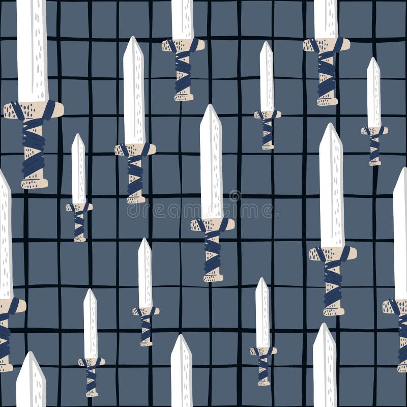 Случайная безшовная картина «doodle» с белыми силуэтами меча. Синий фон chequered вмс. Старинный фон иллюстрация вектора