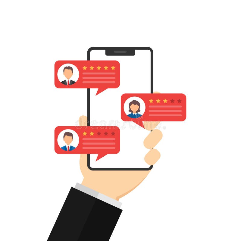 Смартфон в руке Обратная связь с клиентом Оценка на экране мобильного телефона Просмотр оценка на пузырях речи иллюстрация штока