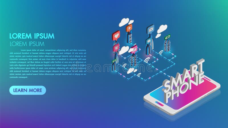 Смартфон с умным городом с умными обслуживаниями и значками Увеличенная концепция реальности и технологии, город ночи, интернет в иллюстрация вектора Смартфон с умным городом с умными обслуживаниями и значками Увеличенная концепция реальности и технологии, город ночи, интернет в иллюстрация вектора