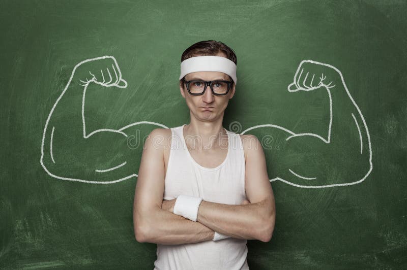 Funny sport nerd with fake muscle drawn on the chalkboard. Funny sport nerd with fake muscle drawn on the chalkboard