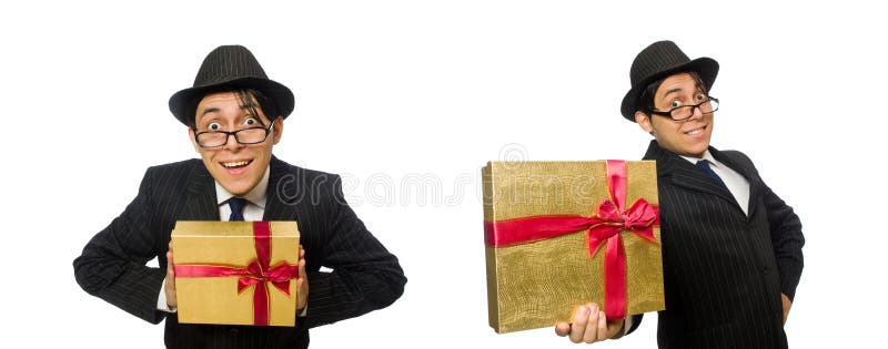Смешной человек с giftbox на белизне стоковое фото rf Смешной человек с giftbox на белизне стоковое фото rf