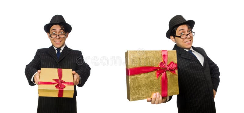 Смешной человек с giftbox на белизне стоковые изображения Смешной человек с giftbox на белизне стоковые изображения