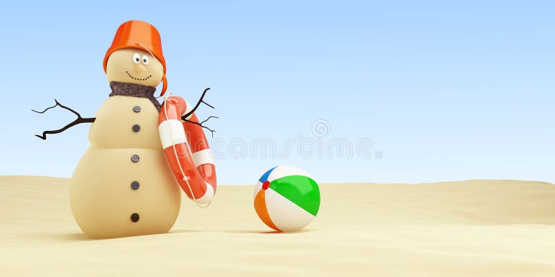 Снеговик Sandy на пляже Lifebuoy на белой иллюстрации предпосылки 3D, переводе 3D иллюстрация штока Снеговик Sandy на пляже Lifebuoy на белой иллюстрации предпосылки 3D, переводе 3D иллюстрация штока