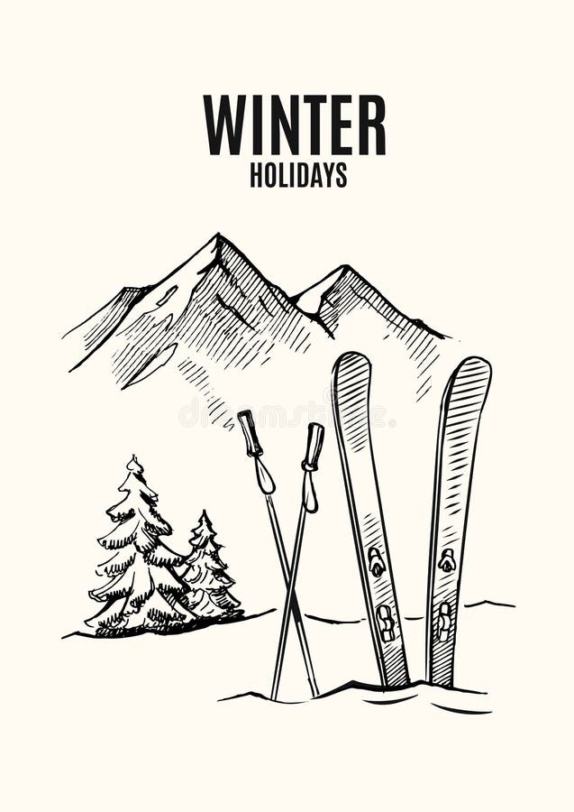 Ski in snow, mountains in winter season. Vector hand drawn. Ski in snow, mountains in winter season. Vector hand drawn
