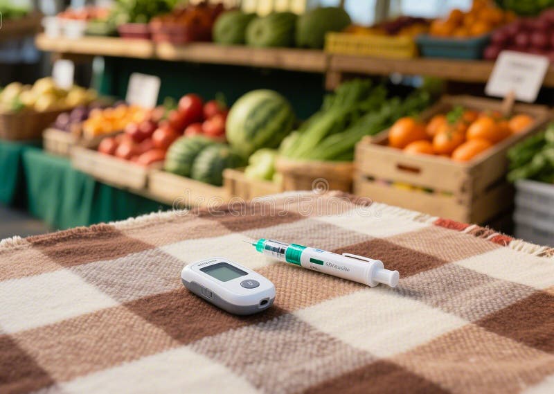 Снимок наверху ручки с инсулином и глюкозой на фоне продукции, производимой фермерами на рынке одеял. стоковое изображение