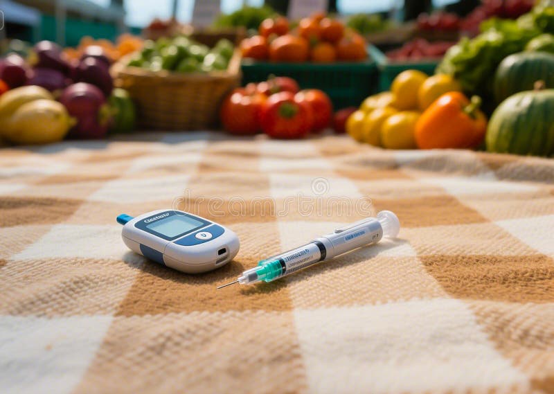 Снимок наверху ручки с инсулином и глюкозой на фоне продукции, производимой фермерами на рынке одеял. стоковые изображения rf