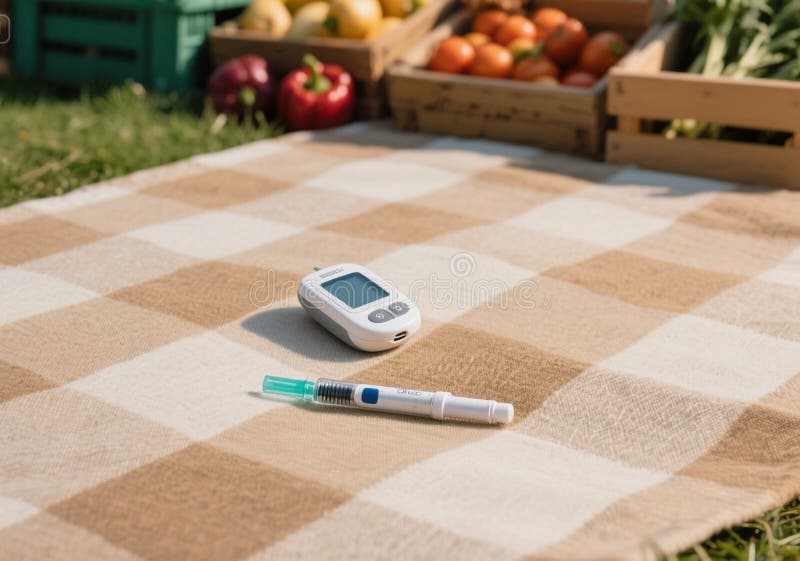 Снимок наверху ручки с инсулином и глюкозой на фоне продукции, производимой фермерами на рынке одеял. стоковое изображение
