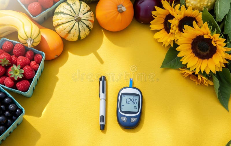 Снимок наверху ручки с инсулином и глюкозой на фоне продукции, производимой фермерами на рынке одеял. стоковые изображения rf