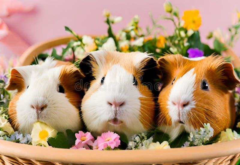 Three Cute Guinea Pigs Sitting in a Basket among Flowers Stock Photo