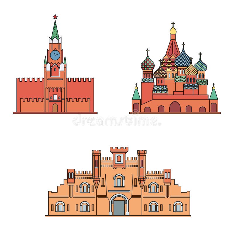 Russian fortress building. St Basil`s Cathedral, Spasskaya tower of the Moscow Kremlin, Brest Fortress building. Vector illustration. Russian fortress building. St Basil`s Cathedral, Spasskaya tower of the Moscow Kremlin, Brest Fortress building. Vector illustration