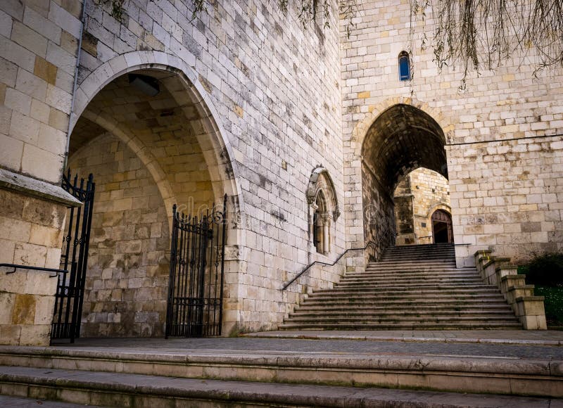 Santander Cathedral, side detail of the facade and secondary staircase of access. Santander Cathedral, side detail of the facade and secondary staircase of access