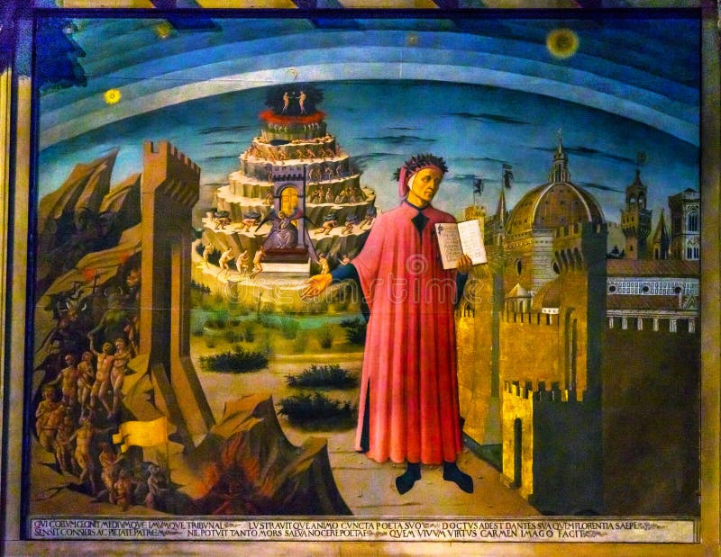 Domenico di Michelino Dante Divine Comedy Painting Duomo Cathedral Santa Maria del Fiore Church Florence Italy. Painting created 1465. Domenico di Michelino Dante Divine Comedy Painting Duomo Cathedral Santa Maria del Fiore Church Florence Italy. Painting created 1465