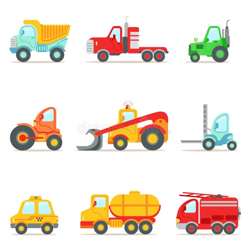 Public Service, Construction And Road Working Cars Collection Of Colorful Toy Cartoon Icons. Vector Illustrations In Bright Color With Vehicles Used For Building Work And Other Uses. Public Service, Construction And Road Working Cars Collection Of Colorful Toy Cartoon Icons. Vector Illustrations In Bright Color With Vehicles Used For Building Work And Other Uses.