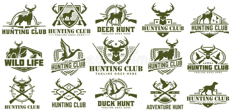 Собрание охотиться логотип, набор вектора ярлыка охоты, значок или логотип охоты эмблемы, утки и оленей