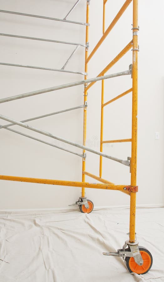 A steel scaffolding assembled indoors. A steel scaffolding assembled indoors