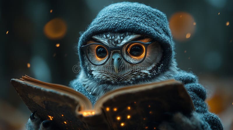 Сова в очках читает книгу в толстовке в ночное время стоковое изображение