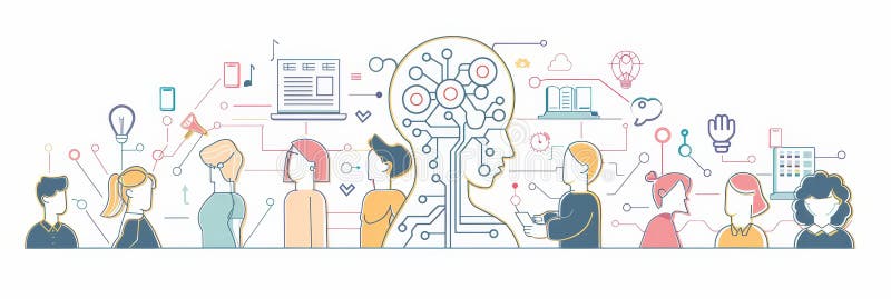 совместная инновация открывает коллективный интеллект с технологией разнообразная группа людей сотрудничает и иллюстрация штока