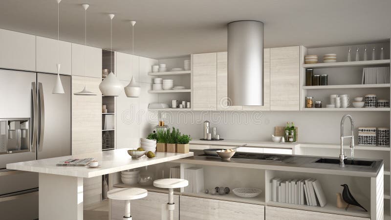 Современная деревянная кухня с деревянными деталями, конец вверх, остров с иллюстрация штока Современная деревянная кухня с деревянными деталями, конец вверх, остров с иллюстрация штока