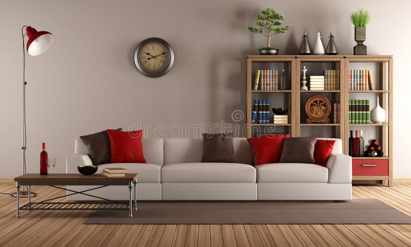 Modern sofa with colorful pillows in a vintage living room-rendering. Modern sofa with colorful pillows in a vintage living room-rendering