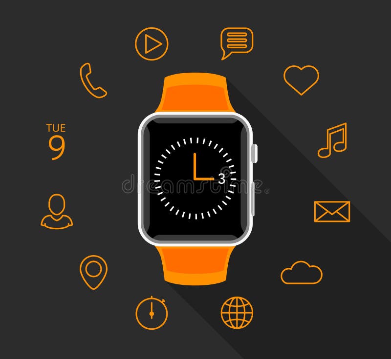 Современное плоское оранжевое smartwatch с значками app на серой предпосылке бесплатная иллюстрация Современное плоское оранжевое smartwatch с значками app на серой предпосылке бесплатная иллюстрация