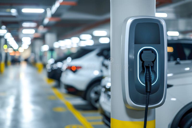 Современные зарядные устройства для зарядки автомобиля на автостоянке иллюстрация штока