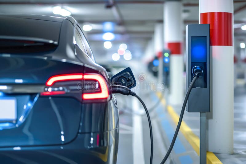 Современные зарядные устройства для зарядки автомобиля на автостоянке бесплатная иллюстрация