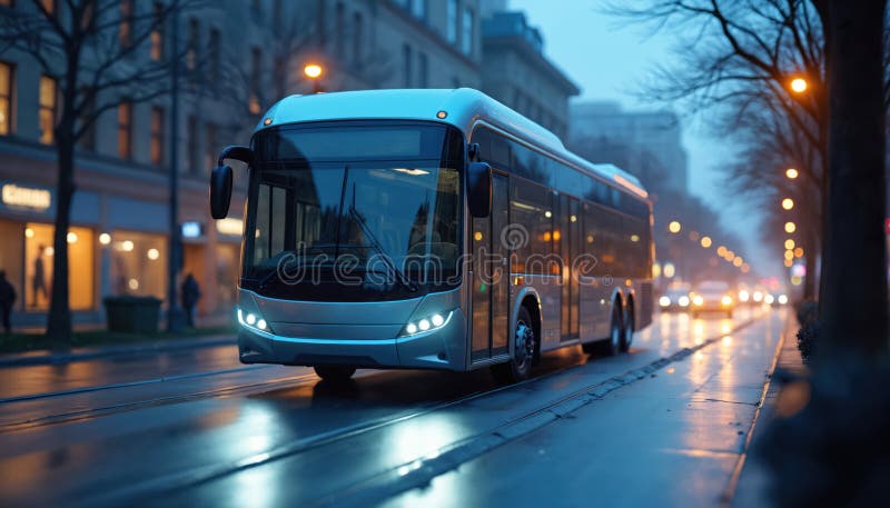 Современный автобус проезжает городскую улицу в сумерках. Общественный транспорт на городской улице. Транспорт автобус на дороге в бесплатная иллюстрация